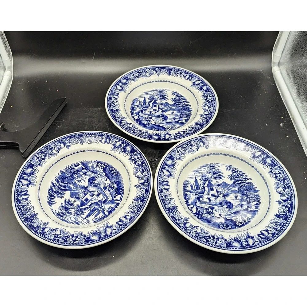 Italian Porcelain Blue & White Transfer Rim Soup Bowls Village Scene Set/3 Italy